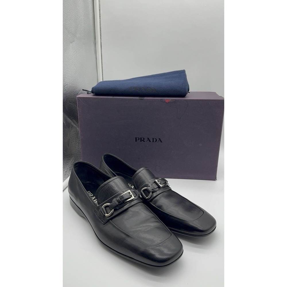 Prada Black Leather Buckle Loafers Men's‎ US 7 Made in Italy New In Box
